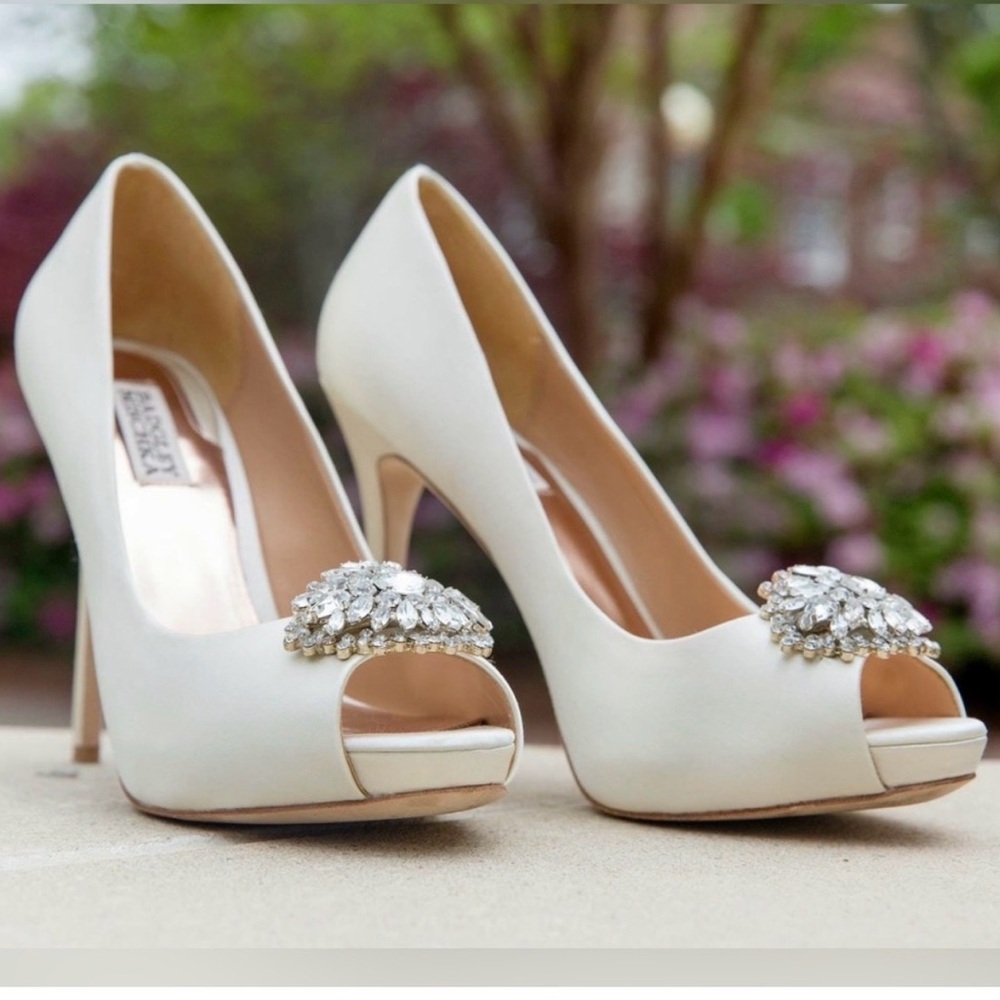 Badgley Mischka satin bejeweled heels